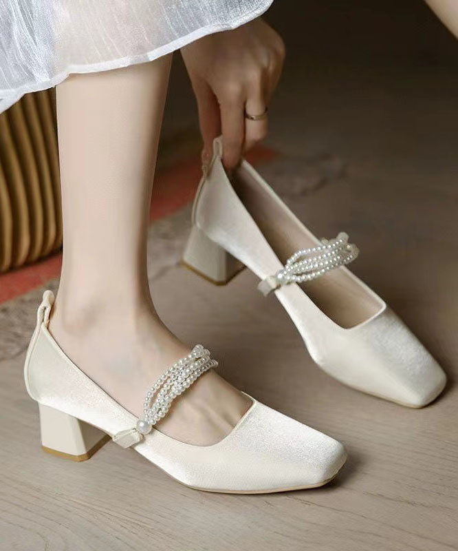Beige Classy Beading Chunky Heel Satin Square Toe JJ061 Shoe-GGX240609