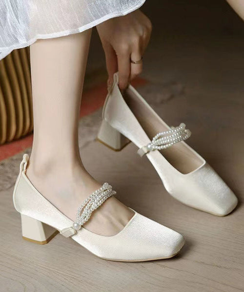 Beige Classy Beading Chunky Heel Satin Square Toe JJ061 Shoe-GGX240609