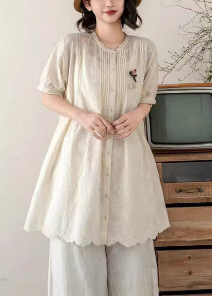 Tops Embroidered Line A Beige Wrinkled Summer Cotton FashionChic