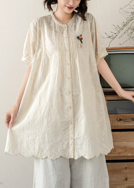 Tops Embroidered Line A Beige Wrinkled Summer Cotton FashionChic
