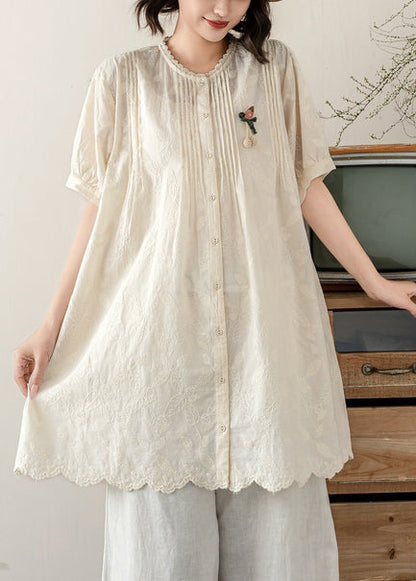 Tops Embroidered Line A Beige Wrinkled Summer Cotton FashionChic