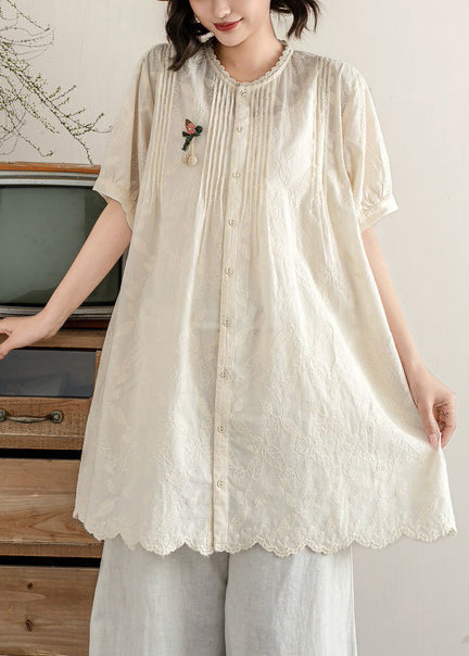 Tops Embroidered Line A Beige Wrinkled Summer Cotton FashionChic