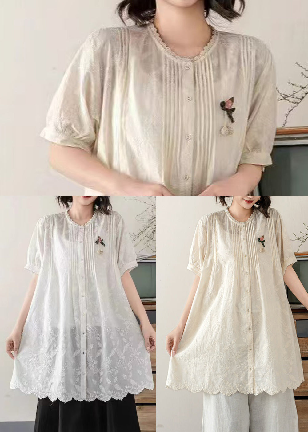 Tops Embroidered Line A Beige Wrinkled Summer Cotton FashionChic