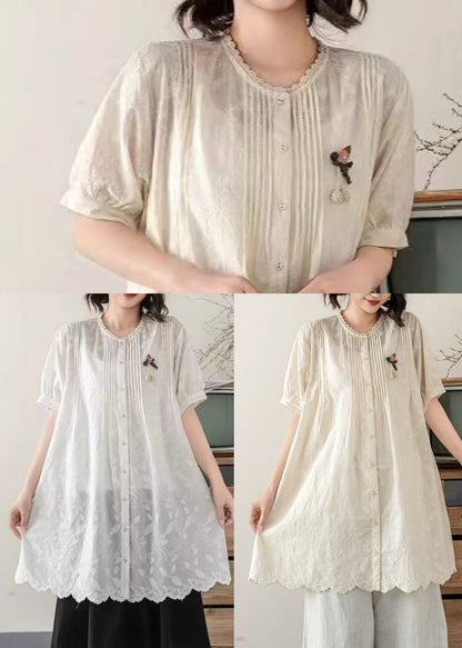 Tops Embroidered Line A Beige Wrinkled Summer Cotton FashionChic