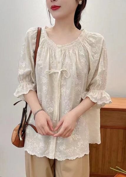 Lace Summer Beige Cotton Embroidered Shirts Up FashionChic