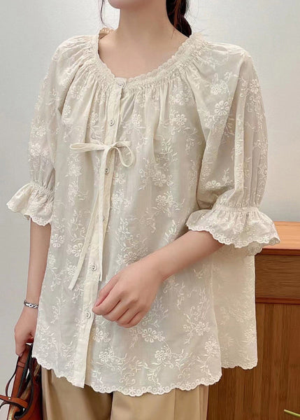 Lace Summer Beige Cotton Embroidered Shirts Up FashionChic