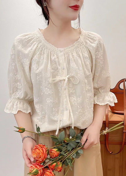 Lace Summer Beige Cotton Embroidered Shirts Up FashionChic