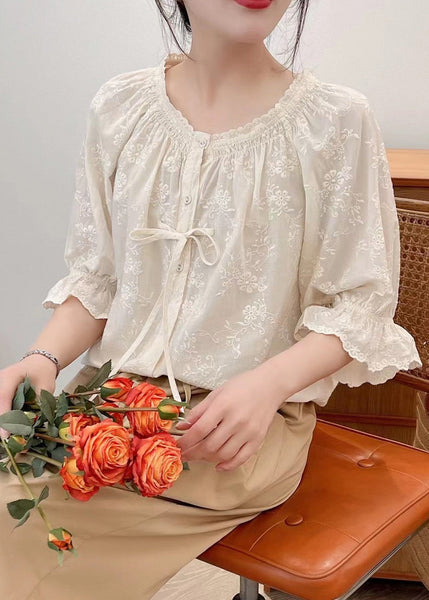 Lace Summer Beige Cotton Embroidered Shirts Up FashionChic