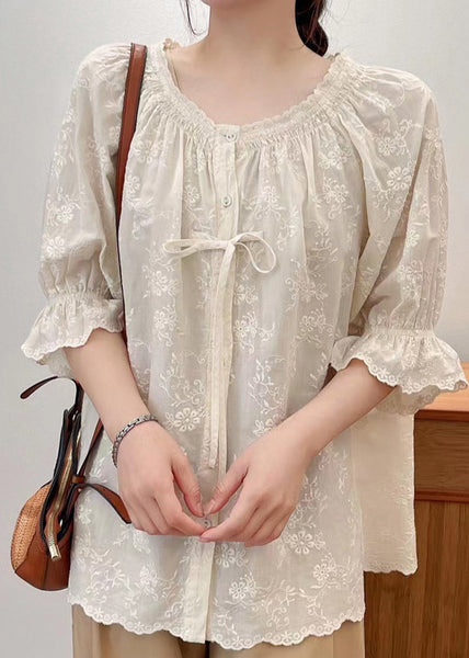 Lace Summer Beige Cotton Embroidered Shirts Up FashionChic
