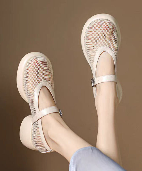 Leather Splicing Beige Mesh Buckle Breathable Cowhide Strap FashionChic