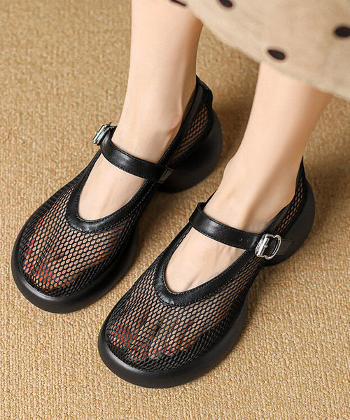 Leather Splicing Beige Mesh Buckle Breathable Cowhide Strap FashionChic