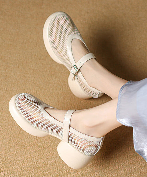 Leather Splicing Beige Mesh Buckle Breathable Cowhide Strap FashionChic