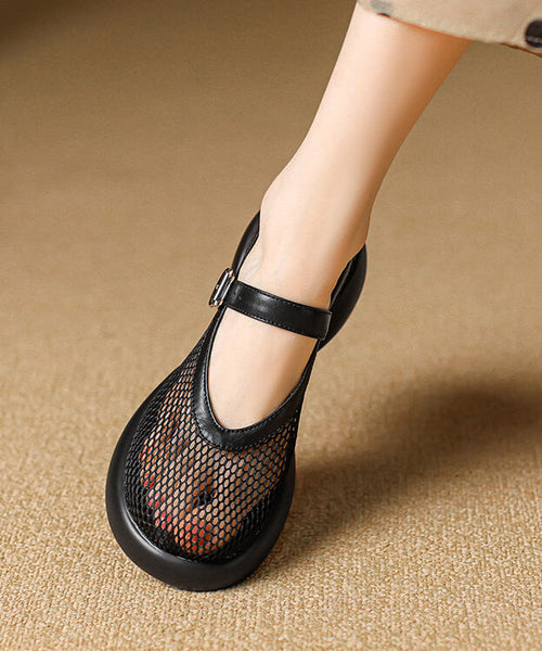 Leather Splicing Beige Mesh Buckle Breathable Cowhide Strap FashionChic