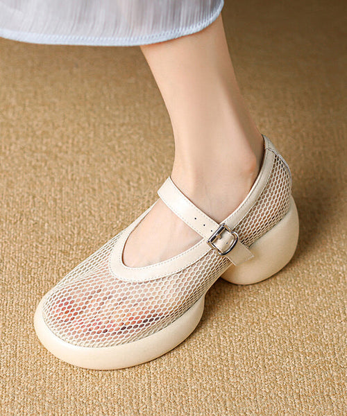 Leather Splicing Beige Mesh Buckle Breathable Cowhide Strap FashionChic