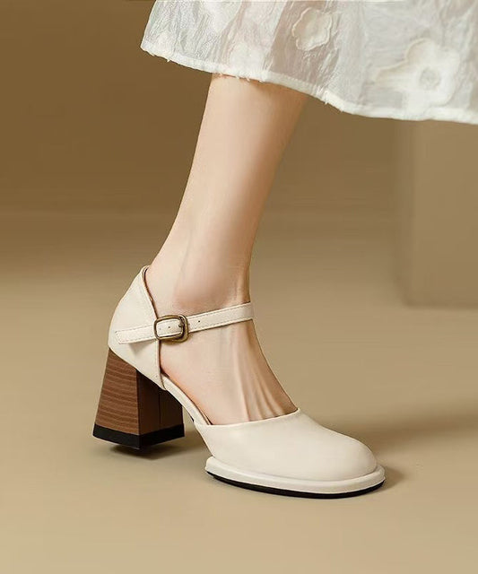 Classy Heel Sandals Leather Beige Cowhide Chunky Splicing FashionChic