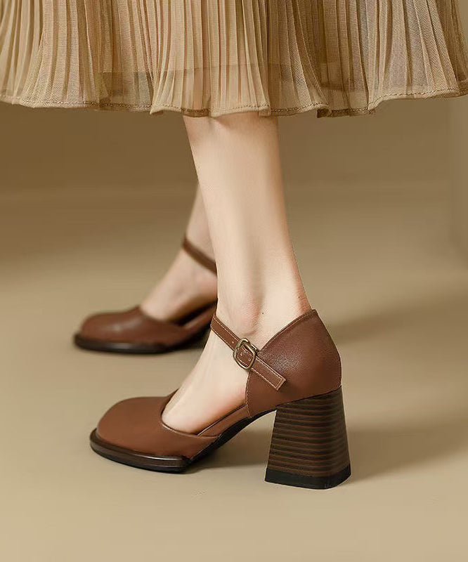 Classy Heel Sandals Leather Beige Cowhide Chunky Splicing FashionChic