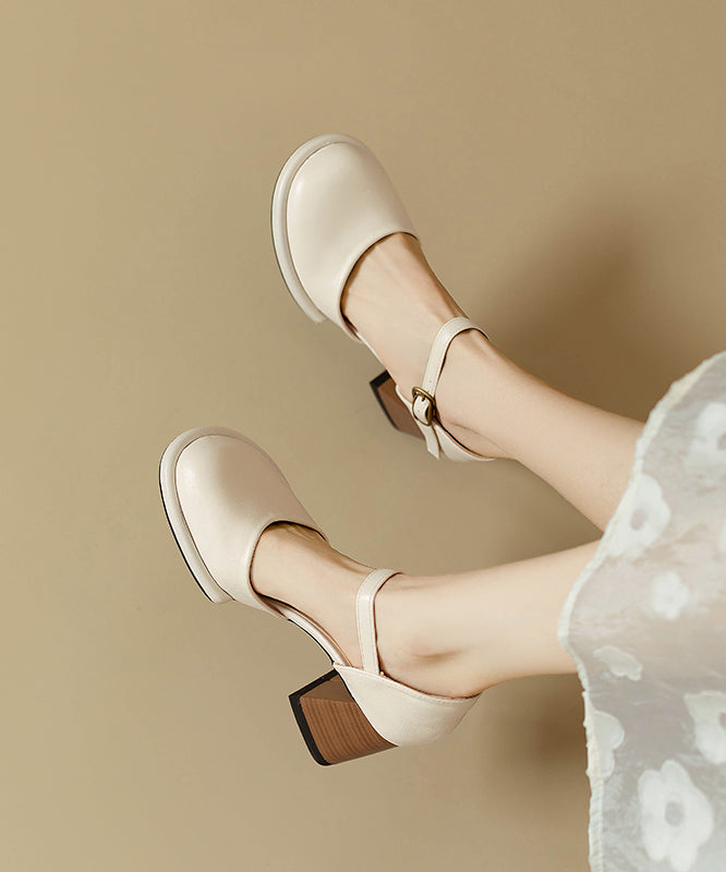 Classy Heel Sandals Leather Beige Cowhide Chunky Splicing FashionChic