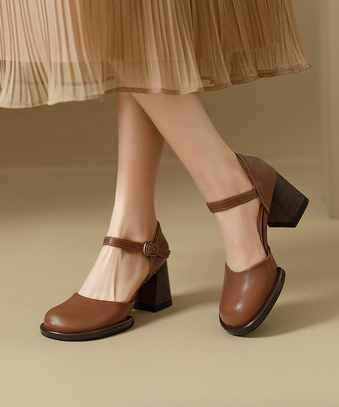 Heel Cowhide Splicing Leather Classy Beige Chunky Sandals FashionChic