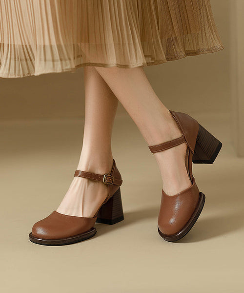 Classy Heel Sandals Leather Beige Cowhide Chunky Splicing FashionChic