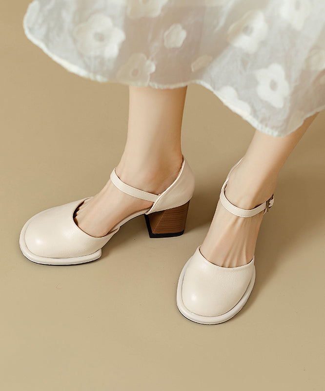 Classy Heel Sandals Leather Beige Cowhide Chunky Splicing FashionChic