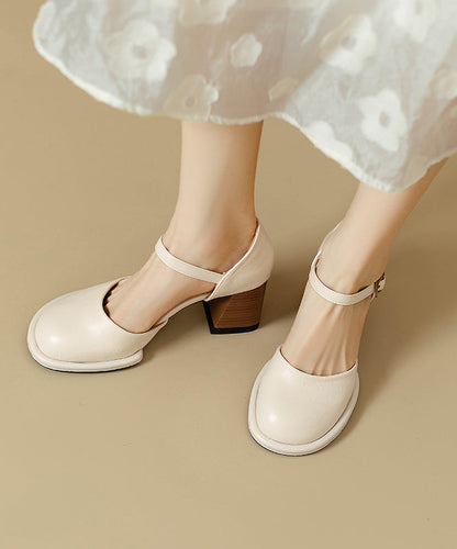 Classy Heel Sandals Leather Beige Cowhide Chunky Splicing FashionChic