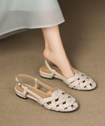 Walking Leather Cowhide Out Splicing Hollow Beige Sandals FashionChic