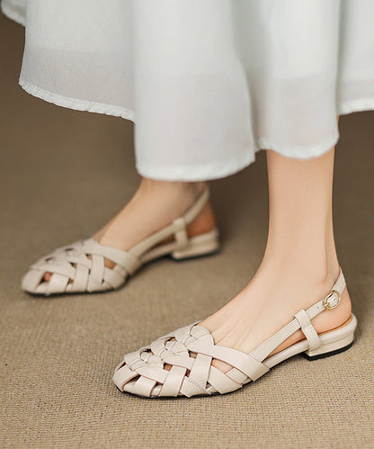 Walking Leather Cowhide Out Splicing Hollow Beige Sandals FashionChic