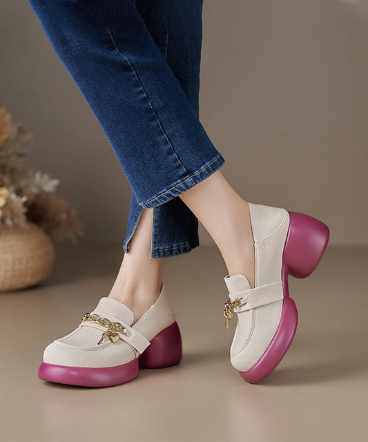 Leather Loafer Platform Cowhide Splicing Shoes Beige FashionChic