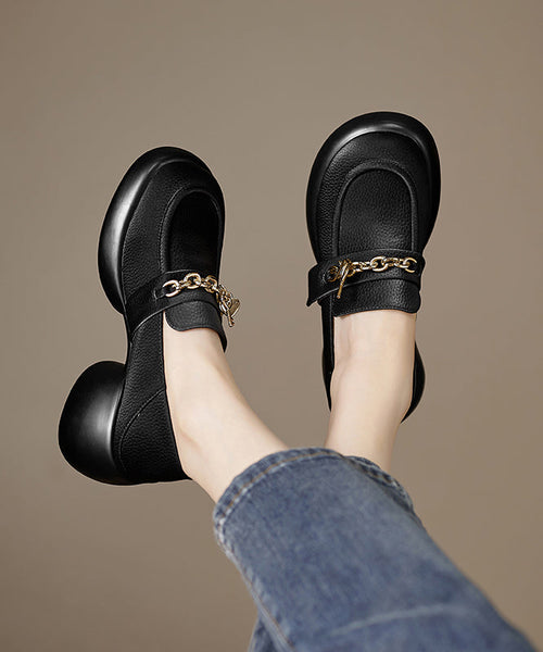 Leather Loafer Platform Cowhide Splicing Shoes Beige FashionChic