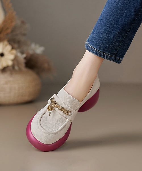 Leather Loafer Platform Cowhide Splicing Shoes Beige FashionChic