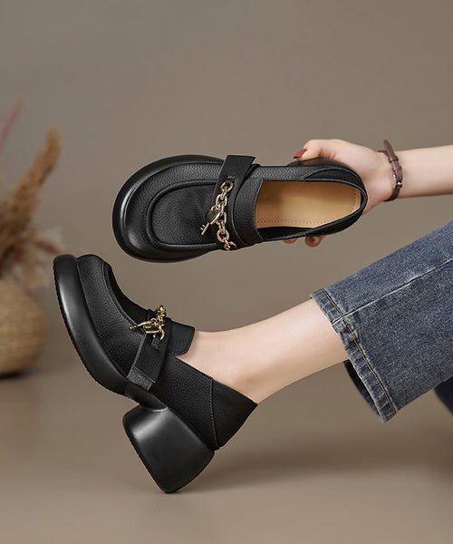 Leather Loafer Platform Cowhide Splicing Shoes Beige FashionChic