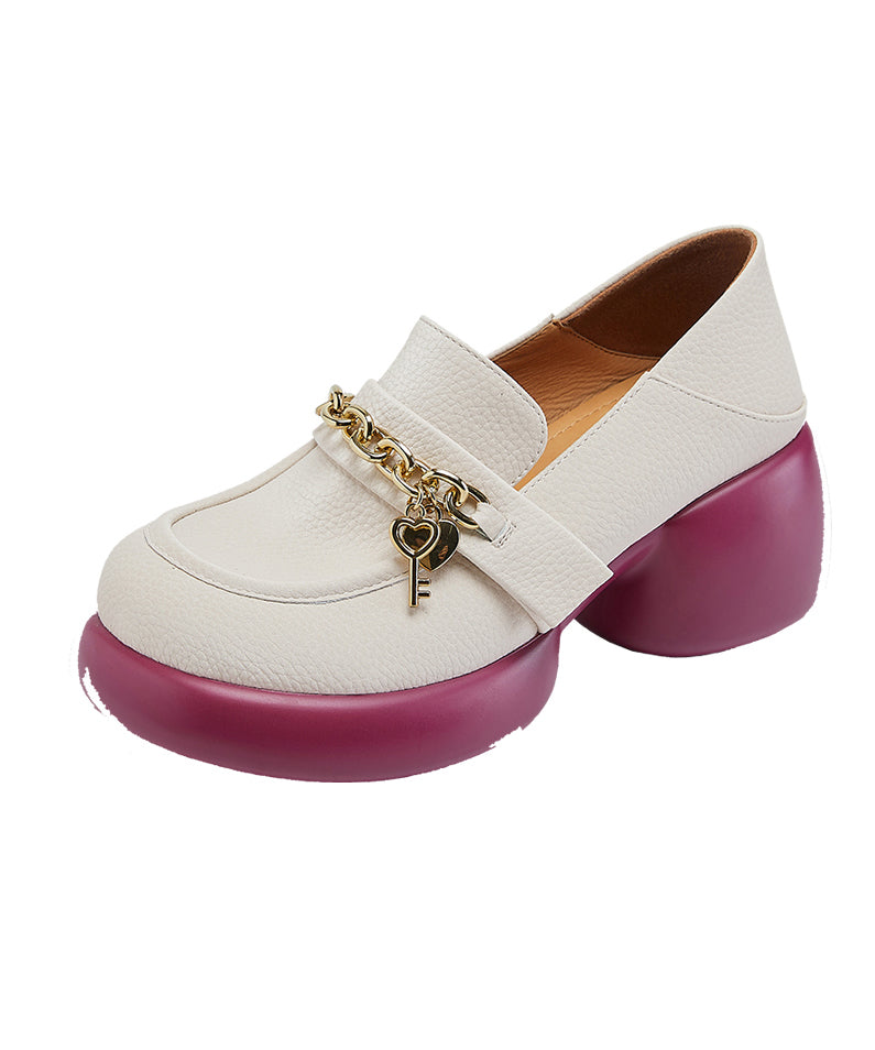 Leather Loafer Platform Cowhide Splicing Shoes Beige FashionChic