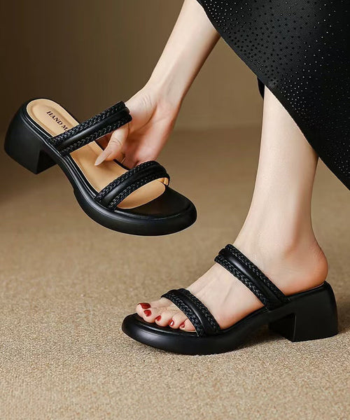 Toe Peep Beige Cowhide Leather Slide Splicing Sandals FashionChic