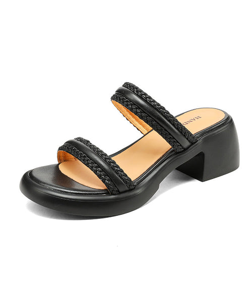 Toe Peep Beige Cowhide Leather Slide Splicing Sandals FashionChic