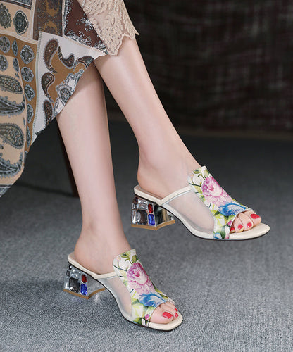 Splicing Sandals Toe Leather Tulle Peep Beige Slide Cowhide FashionChic