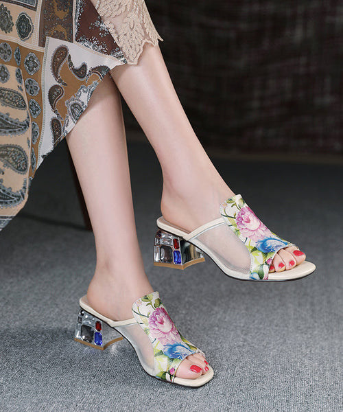 Splicing Sandals Toe Leather Tulle Peep Beige Slide Cowhide FashionChic