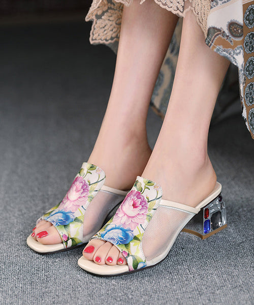 Splicing Sandals Toe Leather Tulle Peep Beige Slide Cowhide FashionChic