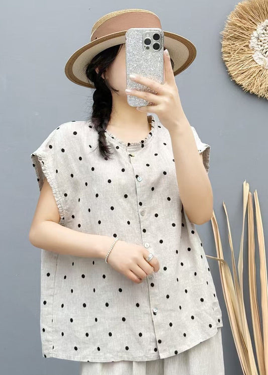 Sleeveless Oversized Beige Dot Beach Vest Linen FashionChic