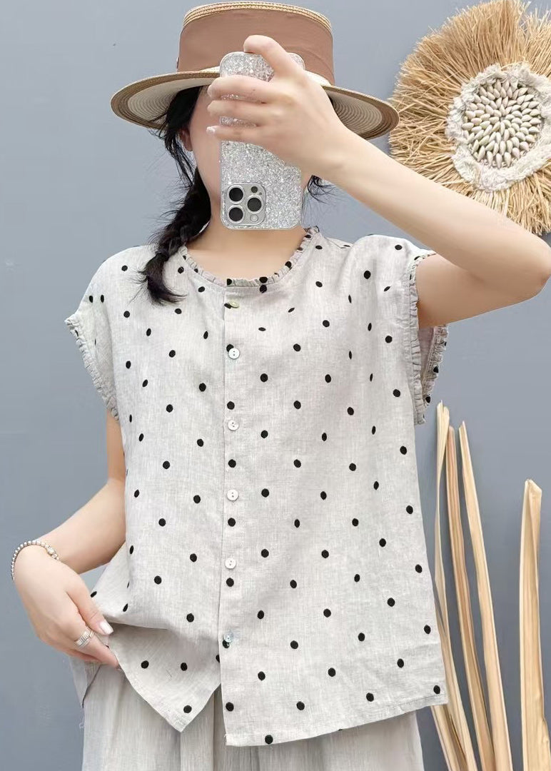 Sleeveless Oversized Beige Dot Beach Vest Linen FashionChic
