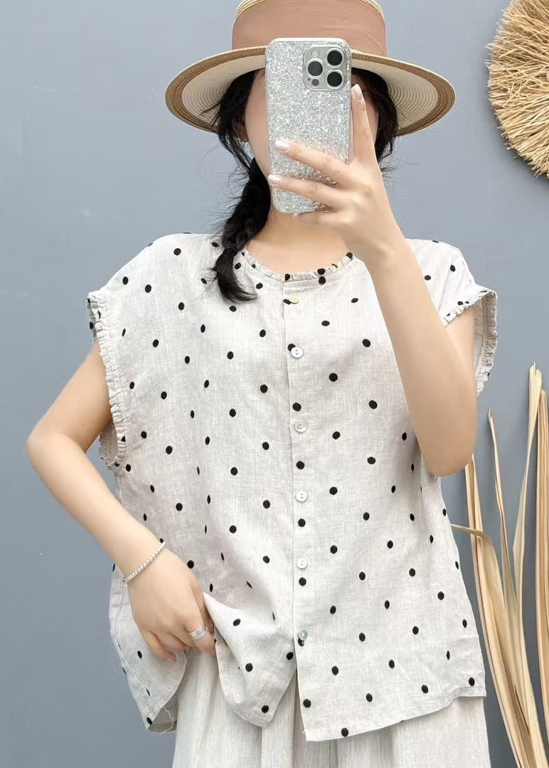 Sleeveless Oversized Beige Dot Beach Vest Linen FashionChic