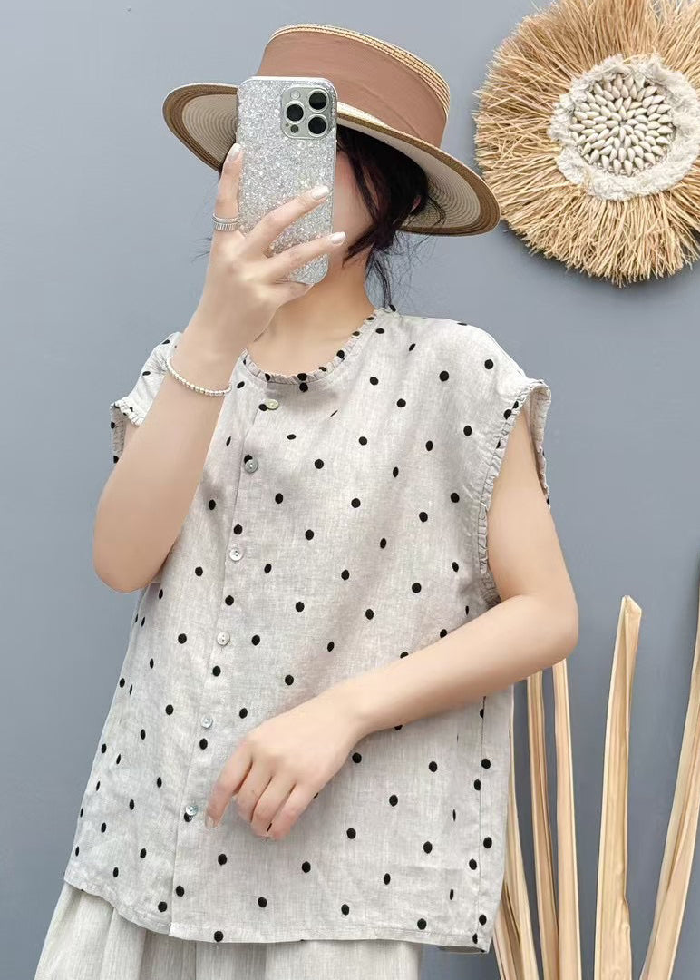 Sleeveless Oversized Beige Dot Beach Vest Linen FashionChic