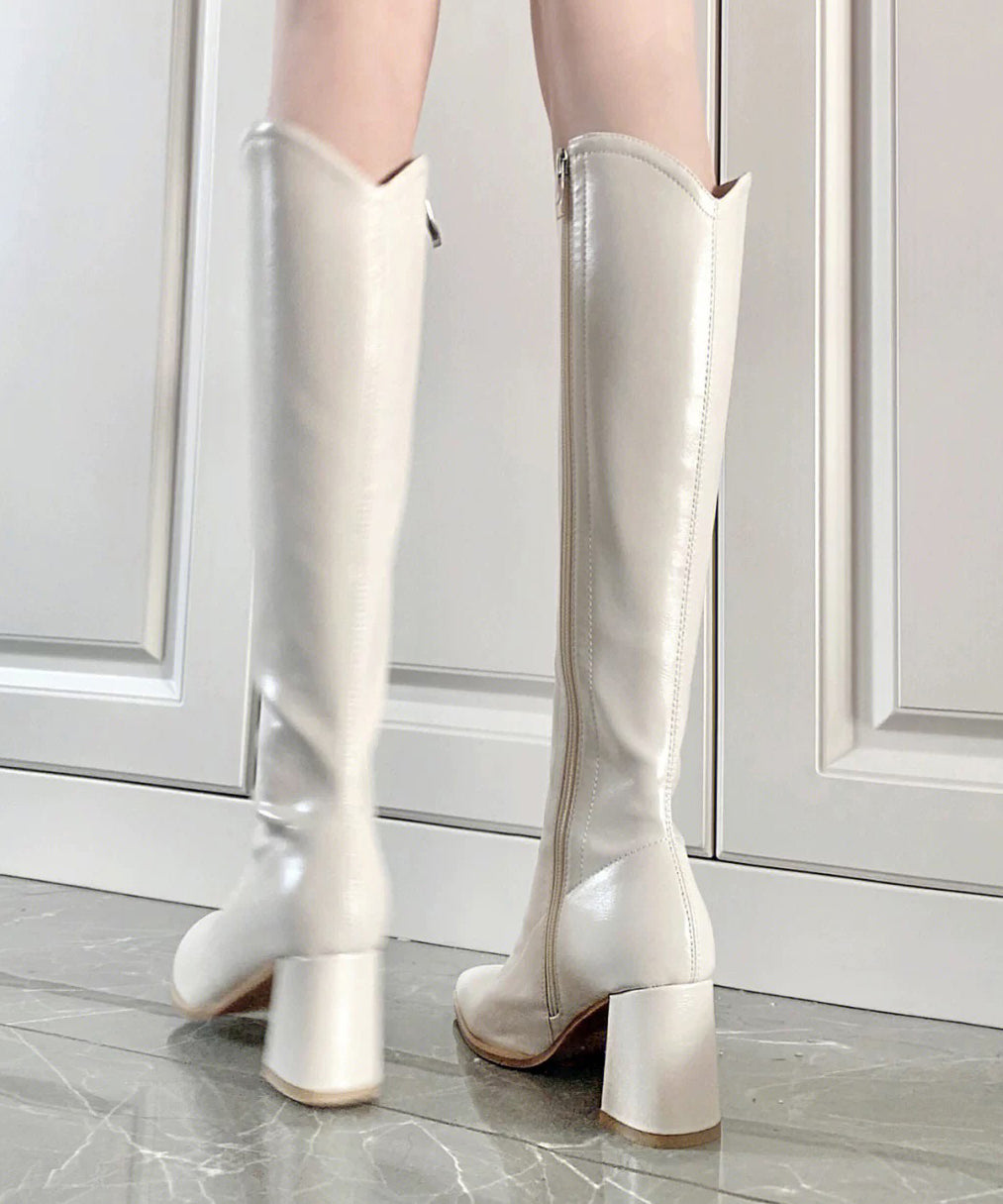 Beige Fashion Splicing Chunky Heel Boots Pointed Toe TP013