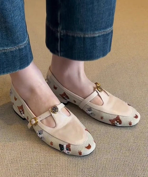 Hollow Flat Embroidered Faux Leather Shoes Out Beige FashionChic