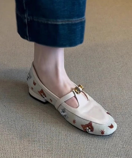 Hollow Flat Embroidered Faux Leather Shoes Out Beige FashionChic