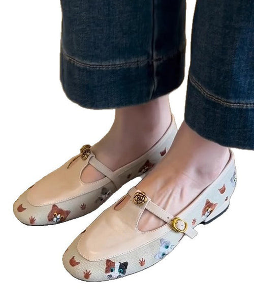 Hollow Flat Embroidered Faux Leather Shoes Out Beige FashionChic