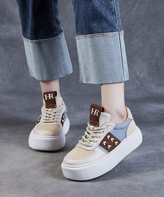 Beige Flat Shoes Platform Cowhide Leather Casual Lace Up DD1049 Shoe-PDX240605