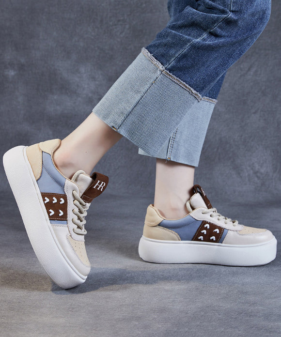 Beige Flat Shoes Platform Cowhide Leather Casual Lace Up DD1049 Shoe-PDX240605