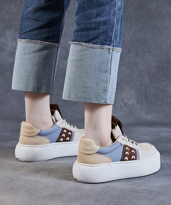 Beige Flat Shoes Platform Cowhide Leather Casual Lace Up DD1049 Shoe-PDX240605