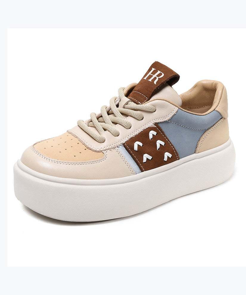 Beige Flat Shoes Platform Cowhide Leather Casual Lace Up DD1049 Shoe-PDX240605