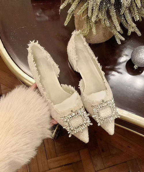 French Beige Shoes Feet Zircon Pointed Toe Splicing Flat FashionChic